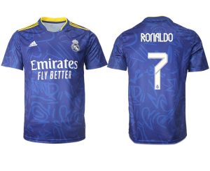 Real Madrid Herren Auswärtstrikot 2022 blau/weiß mit Aufdruck Ronaldo 7