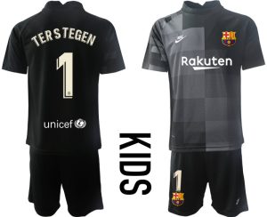 FC Barcelona Torwarttrikot in schwarz Kinder Trikotsatz Kurzarm + Kurze Hosen Ter Stegen 1