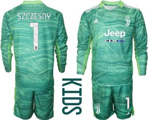 Kinder Juventus Torwart Trikotsatz 2021-22 mit Aufdruck Szczesny #1 Langarm Grün