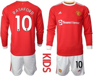 Kinder Manchester United Heimtrikot 2022 Langarm in rot mit Aufdruck Rashford 10