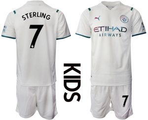 Kindertrikot Manchester City 2022 Auswärtstrikot weiß für Kinder Mit Sterling 7 Aufdruck