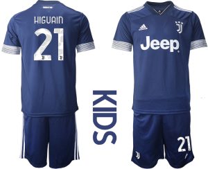 Kinder Juventus Turin 20/21 Auswärtstrikot blau Trikotsatz Kurzarm + Kurze Hosen #HIGUAIN 21