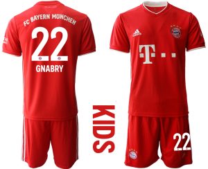 Rot Bayern München 2020-2021 Torwart-Auswärtstrikot Kurzarm Kinder Trikotsatz GNABRY 22