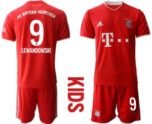 Rot Bayern München 2020-2021 Torwart-Auswärtstrikot Kurzarm Kinder Trikotsatz LEWANDOWSKI 9