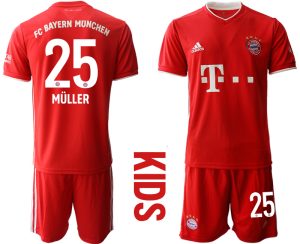 Rot Bayern München 2020-2021 Torwart-Auswärtstrikot Kurzarm Kinder Trikotsatz Müller 25