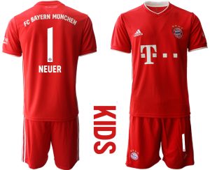 Rot Bayern München 2020-2021 Torwart-Auswärtstrikot Kurzarm Kinder Trikotsatz NEUER #1