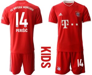 Rot Bayern München 2020-2021 Torwart-Auswärtstrikot Kurzarm Kinder Trikotsatz PERIŠIĆ 14