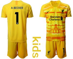 A.BECKER #1 FC Liverpool Torwarttrikot 2020/21 Gelb Trikotsatz Kurzarm + Kurze Hosen für Kinder