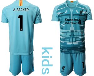 A.BECKER #1 Kindertrikot FC Liverpool Torwarttrikot 2020/21 Blau Trikotsatz Kurzarm + Kurze Hosen