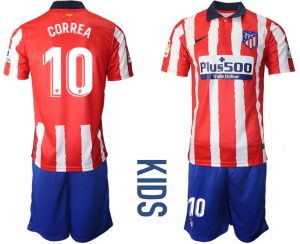 Kinder Atlético Madrid 2020-21 Home Trikot weiß-roten Streifen mit Aufdruck CORREA 10