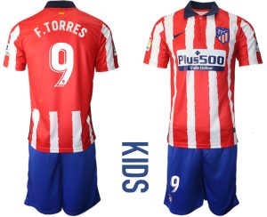 Kinder Atlético Madrid 2020-21 Home Trikot weiß-roten Streifen mit Aufdruck F.TORRES 9