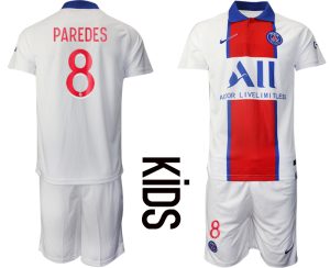 Kinder Paris Saint Germain PSG Auswärtstrikot 2020-21 weiß rot blau Trikotsatz PAREDES #8