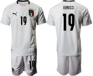 Herren Italien EM 2020 Auswärtstrikot weiß Fussballtrikots Kurzarm + Kurze Hosen BONUCCI 19