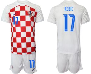 Herren Kroatien Heimtrikot WM-2022 weiß Rot Kaufen Kurzarm + Kurze Hosen REBIC #17