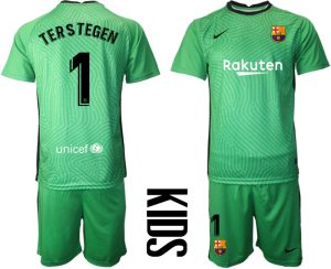 Kinder FC Barcelona 2020-2021 Goalkeeper Grün Fußballtrikots Kurzarm + Kurze Hosen TERSTEGEN 1