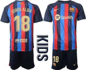 Neues FC Barcelona Kinderheim Trikot 2022/23 Trikotsatz Navy Blau FußballTrikots JORDI ALBA 18