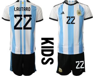 Kinder Fußball Argentinien Heimtrikot WM 2022 weiss blau Trikotsatz LAUTARO 22