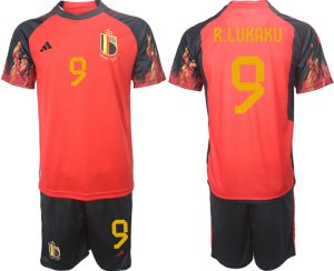 Fußballtrikot für Herren Belgien WM 2022 Heimtrikot rot schwarz Trikotsatz R.LUKAKU 9