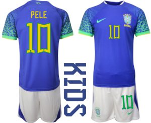 Kindertrikot Brasilien WM 2022 Auswärtstrikot blaue weiß mit Aufdruck PELE 10