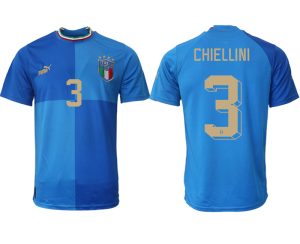 Herren Italien Trikots 2022-23 Heimtrikot Blau Kurzarm mit Aufdruck CHIELLINI 3