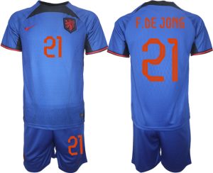 Herren Niederlande Auswärtstrikot blau Fußball WM 2022 Kurzarm Outlet F.DE JONG 21