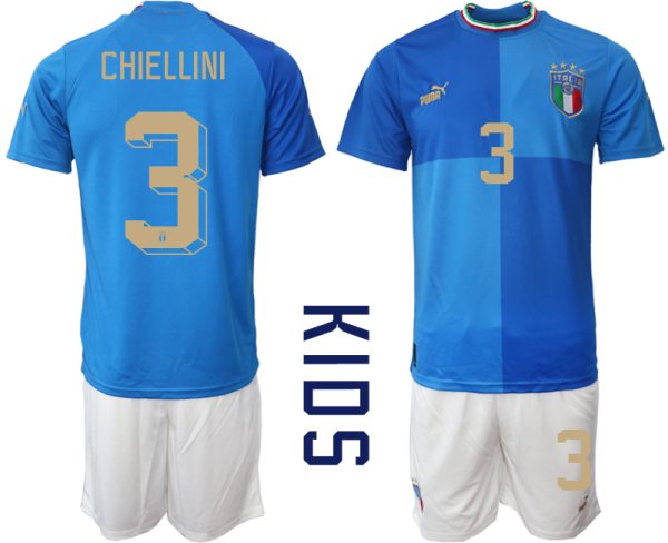 Italien Trikots für Kinder zum Fußballspielen 2022-23 in Blaue CHIELLINI 3