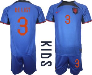 Kinder Niederlande Auswärtstrikot Fußball-WM 2022 blau mit Aufdruck DE LIGT 3