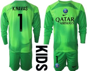 Kinder Paris Saint Germain PSG Goalkeeper 2022/23 grün Langarm Trikotsatz Kit K.NAVAS 1
