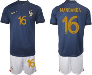 Billige Frankreich WM 2022 Heimtrikot Marineblau Kurzarm + Kurze Hosen MANDANDA 16