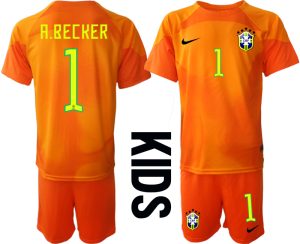 Kinder Brasilien 2022/23 Torwarttrikot in orange Trikotsatz Kurzarm + Kurze Hosen A.BECKER 1