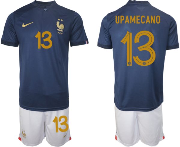 UPAMECANO #13 Herren Frankreich FIFA WM Katar 2022 Heimtrikot Marineblau Fußballtrikots Trikotsatz