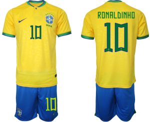 Neuen Herren Brasilien WM 2022 Trikot gelb Kurzarm + Kurze Hosen RONALDINHO 10